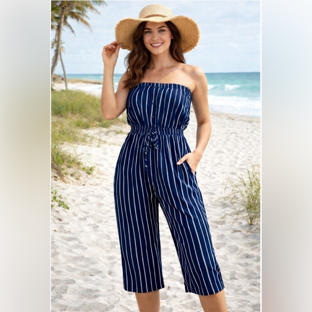 Navy and White Striped Strapless Wide-leg Jumpsuit Ci Sono Size Small Capri